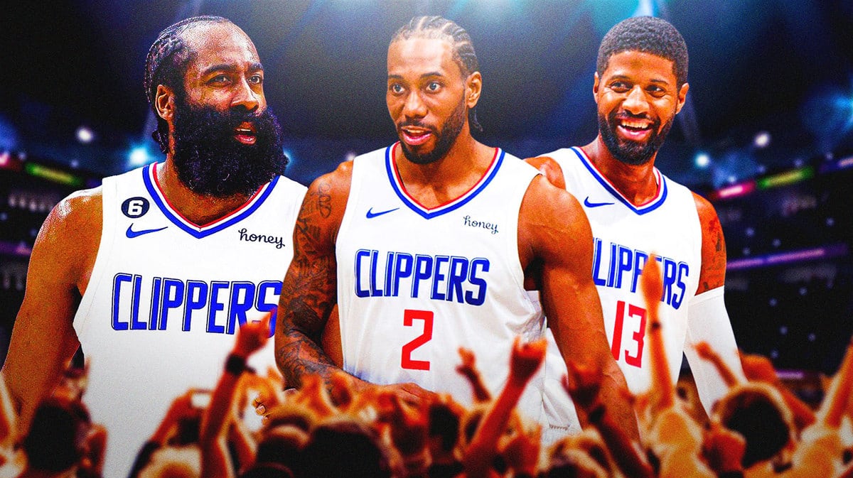 Clippers players James Harden, Kawhi Leonard and Paul George looking happy