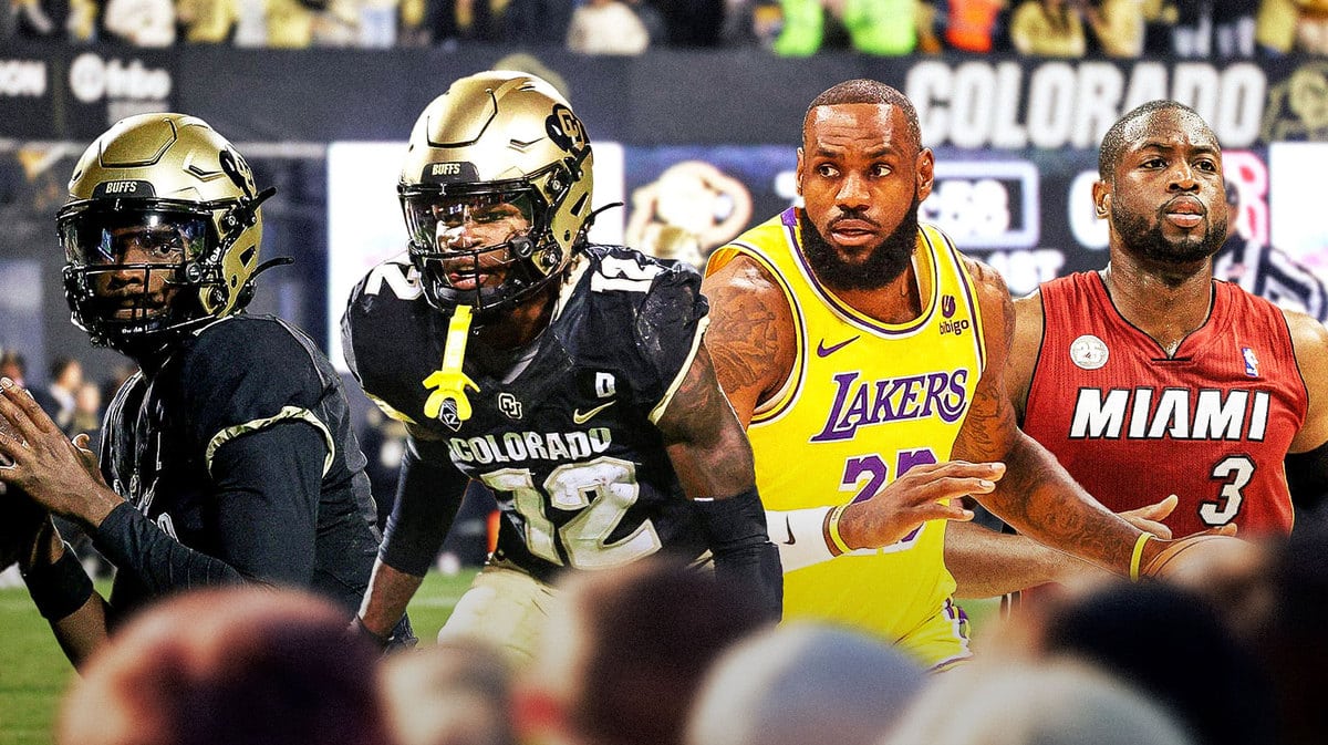 Colorado football stars Shedeur Sanders and Travis Hunter stand next to LeBron James and Dwayne Wade.