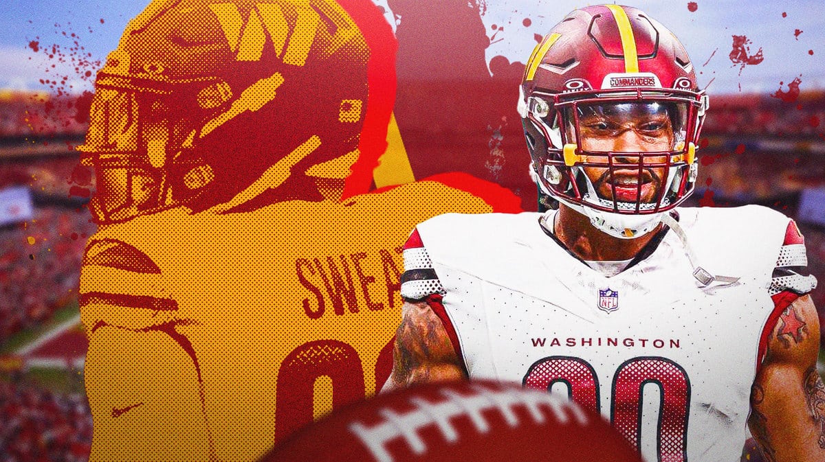 Washington Commanders star Montez Sweat in front of FedEx Field.