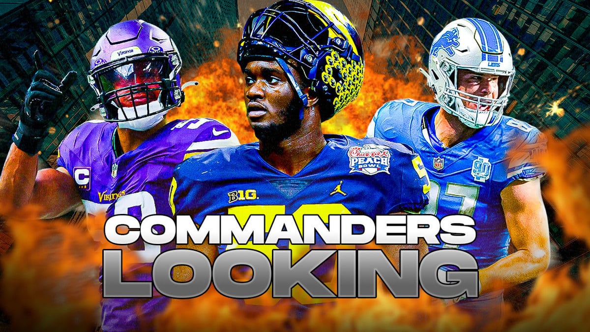 Michael Onwenu in the middle with Jeremy Chinn, Jordan Hicks around him and explosions in the background.