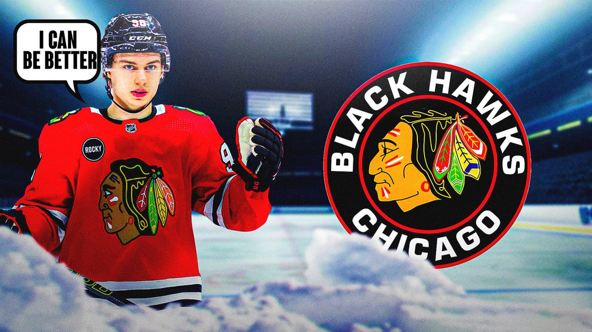 Image: Connor Bedard in middle of image looking stern with speech bubble: “I can be better” CHI Blackhawks logo, hockey rink in background