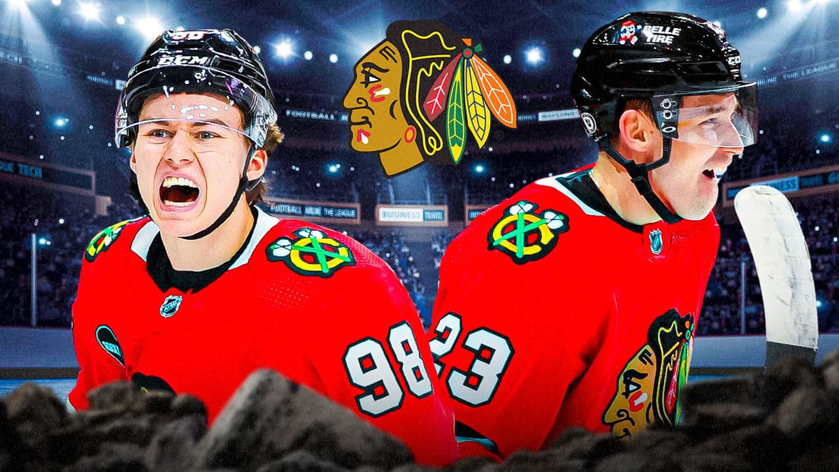 Chicago Blackhawks forwards Connor Bedard and Philip Kurashev at a hockey rink