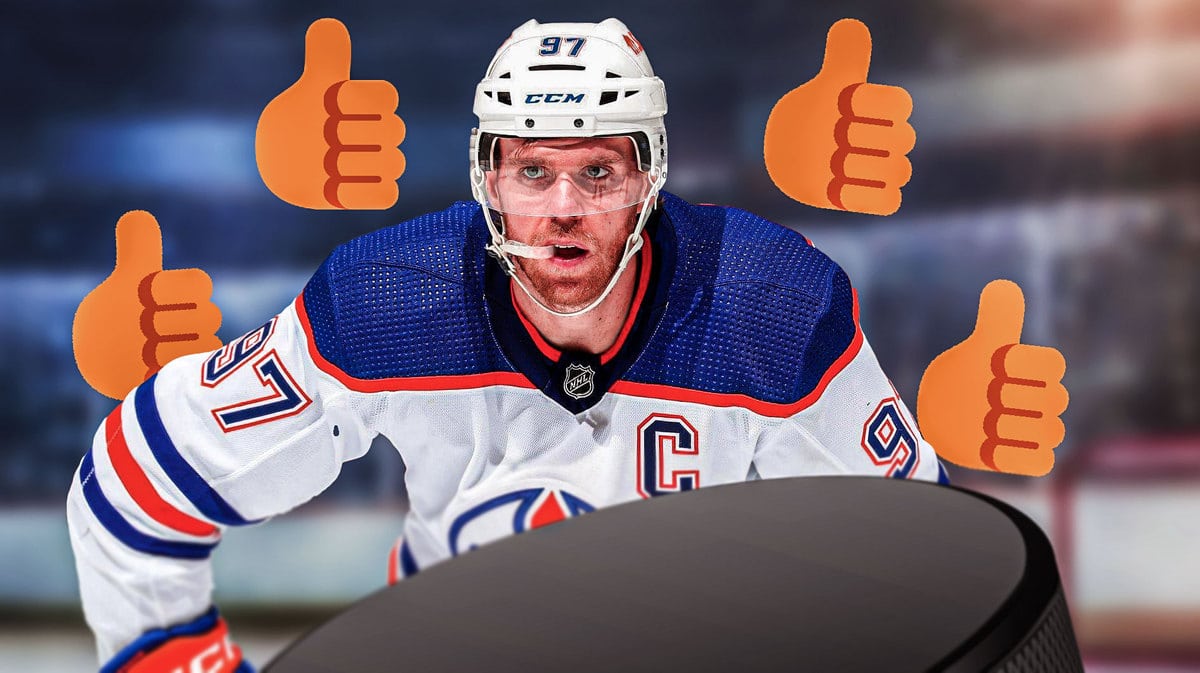 Connor McDavid with thumbs up emojis around him. McDavid returns from injury