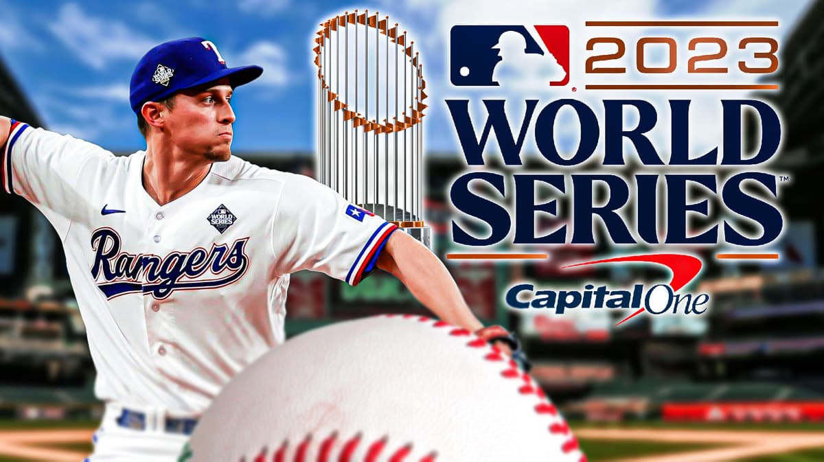 Corey Seager with the World Series logo. Chase Field as background.