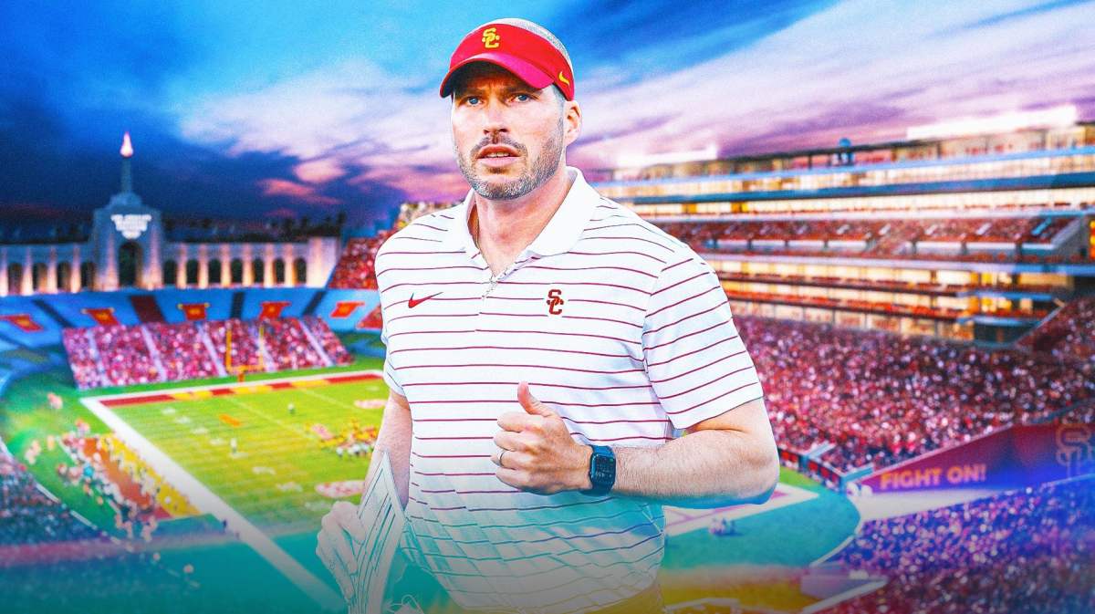 USC football, Washington football, Trojans, USC defense, Alex Grinch, Alex Grinch with USC football stadium in the background