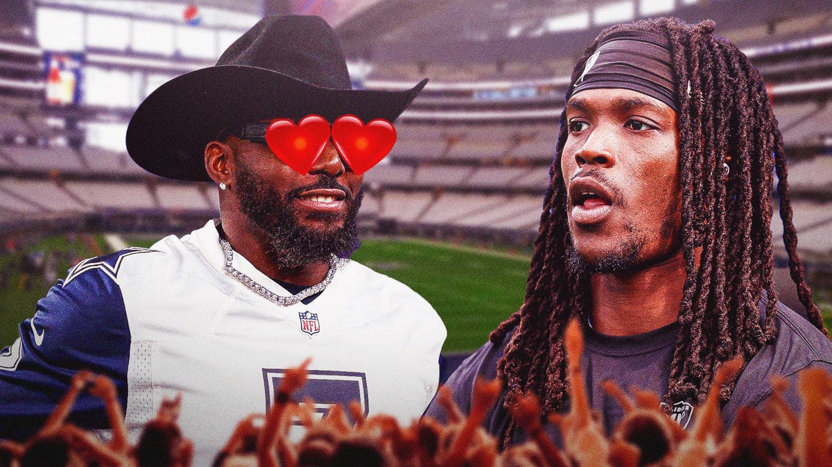 Cowboys Dez Bryant with hearts in his eyes looking at Raiders Davante Adams. Background is AT&T Stadium