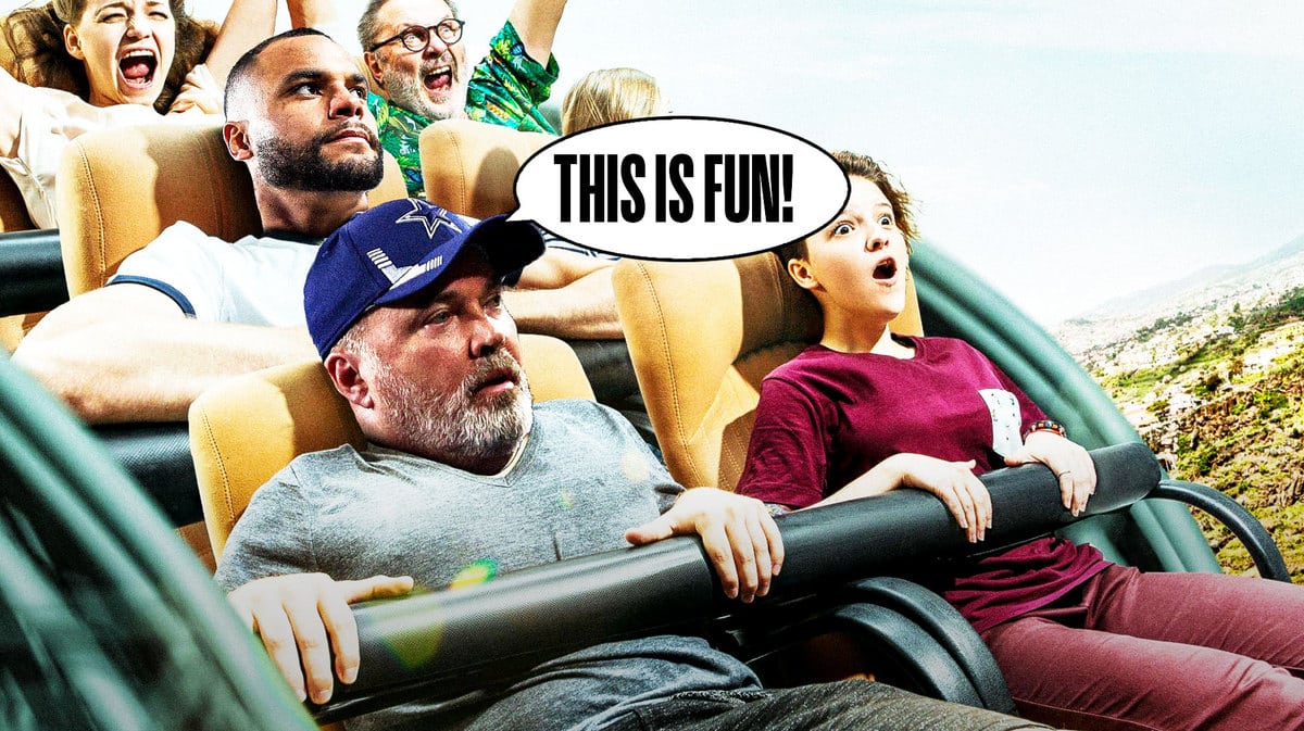 Dallas Cowboys' Dak Prescott and Mike McCarthy riding a roller coaster.