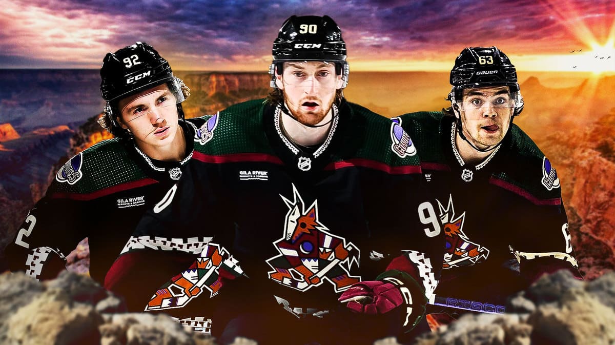 Arizona Coyotes players JJ Moser, Matias Maccelli, and Logan Cooley with an image of the Grand Canyon in the background.