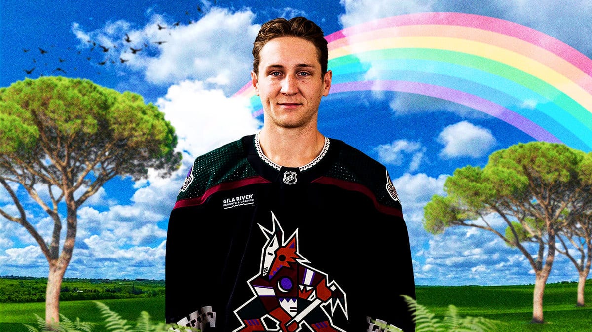 Arizona Coyotes Travis Dermott and a cartoon rainbow image featured prominently