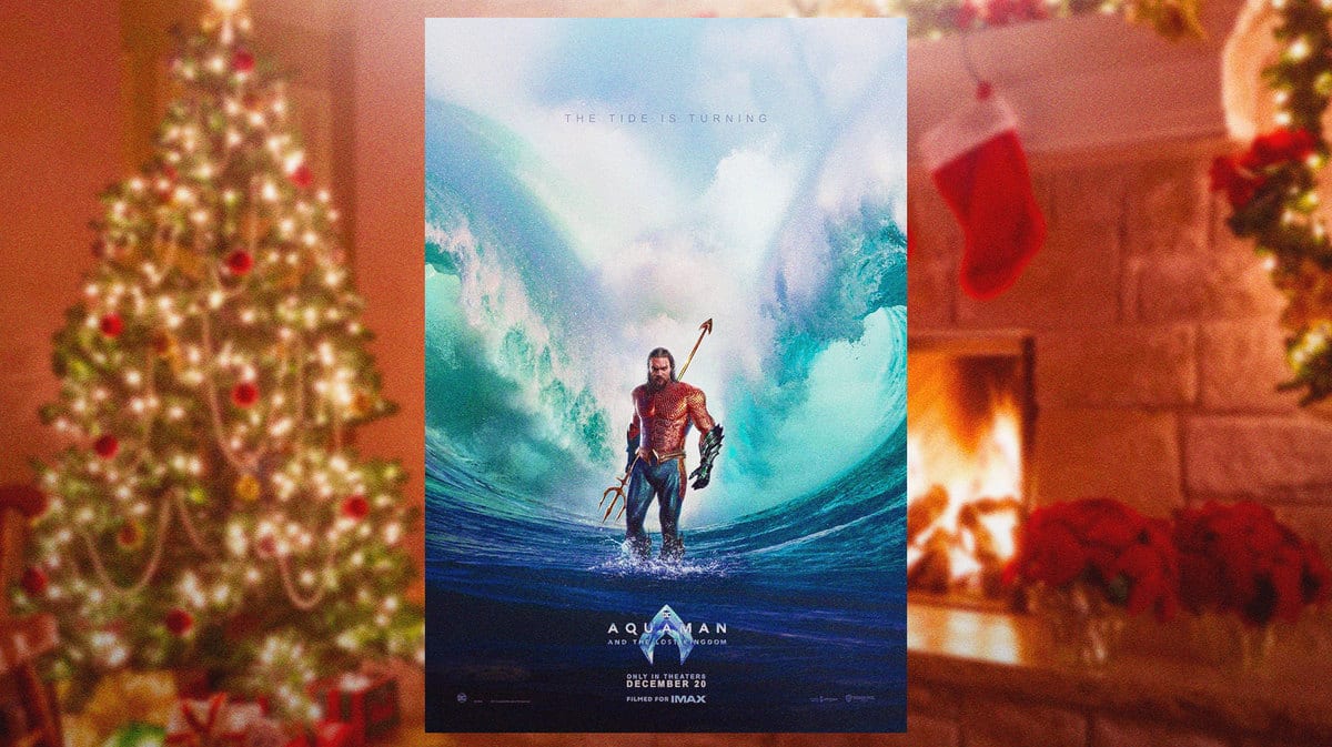 DCU film Aquaman and the Lost Kingdom poster in front of Christmas background.