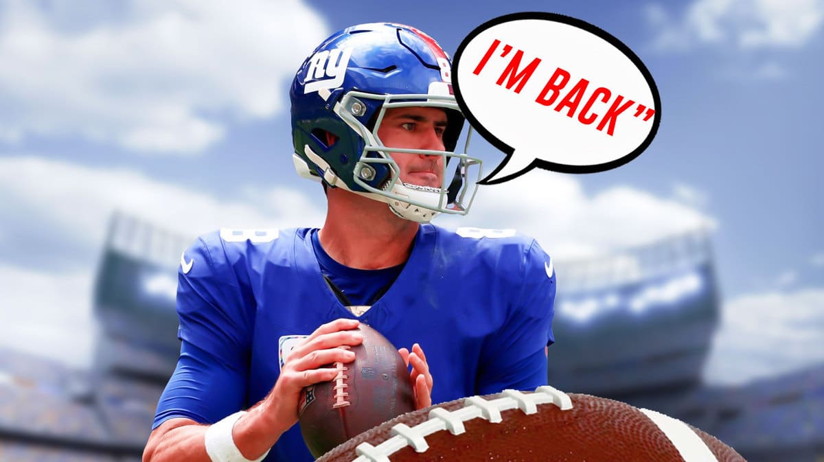 Daniel Jones throwing a football with a caption "I'm back"
