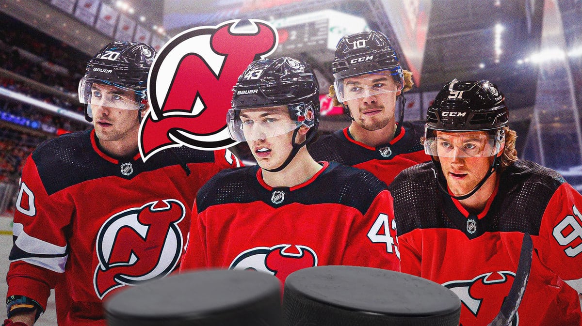 Dawson Mercer, Luke Hughes, Alex Holtz and Michael McLeod all in image, NJ Devils logo, hockey rink in background