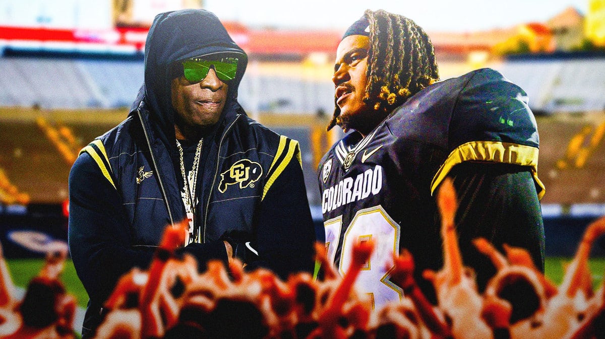 Deion Sanders next to Savion Washington in a Colorado football jersey