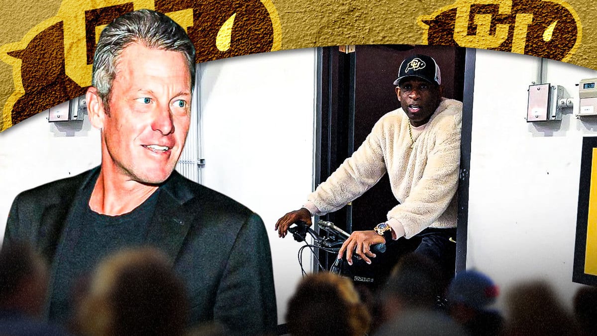 Lance Armstrong and Colorado football head coach Deion Sanders riding his bike