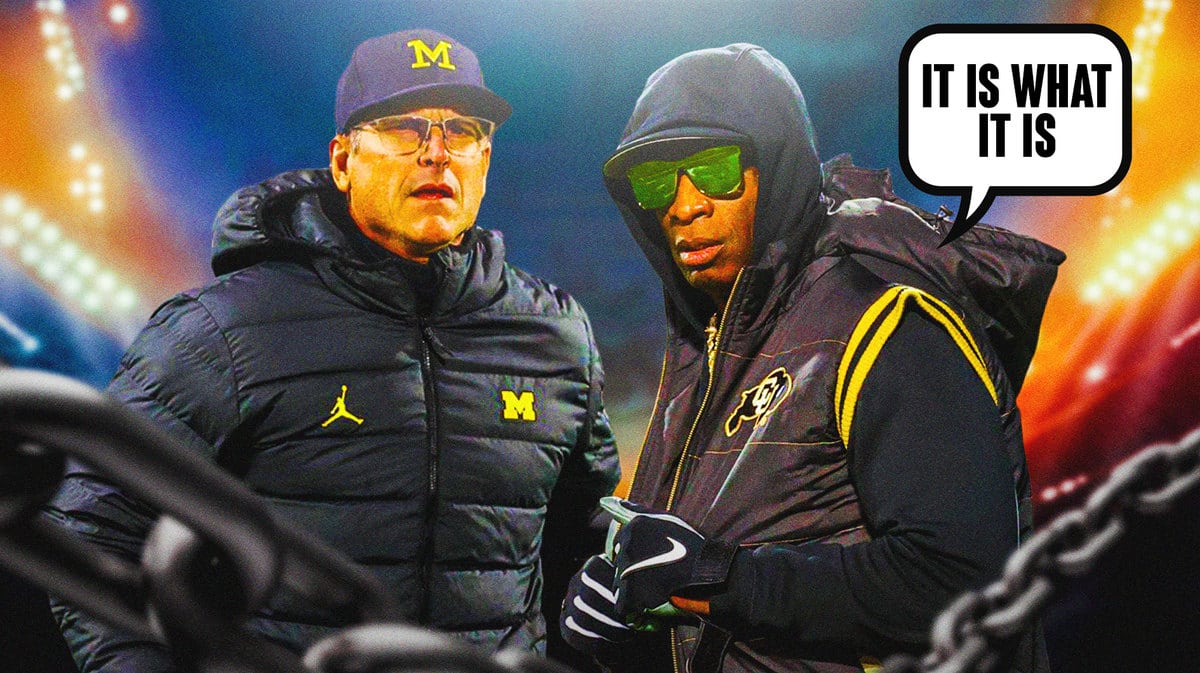Deion Sanders, Jim Harbaugh. Speech bubble for Deion Sanders that says: It is what it is
