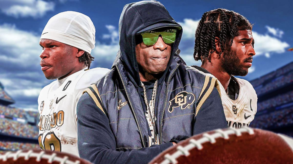 Deion Sanders in Colorado gear with Travis Hunter and Shedeur Sanders in Colorado uniform
