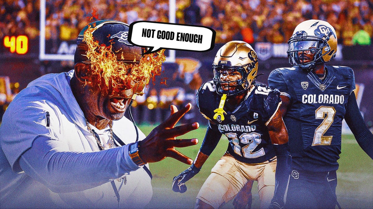 Deion Sanders in Colorado gear with fire in his eyes saying “Not good enough”, Shedeur Sanders, Travis Hunter behind him in Colorado gear, Folsom Field as background
