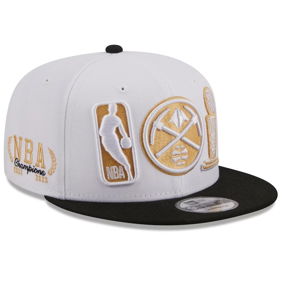 Denver Nuggets New Era 2023 NBA Finals Champions Ring Ceremony 9FIFTY Snapback Hat – White/Black colorway on a white background.