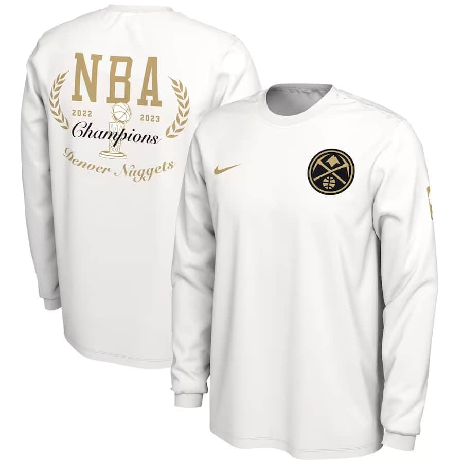 Denver Nuggets Nike 2023 NBA Finals Champions Ring Ceremony Long Sleeve T-Shirt – White colored on a white background.