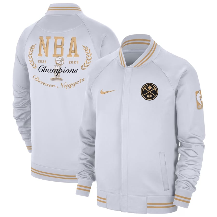 Denver Nuggets Nike 2023 NBA Finals Champions Ring Ceremony Showtime Thermaflex Full-Zip Jacket – White colored on a white background.