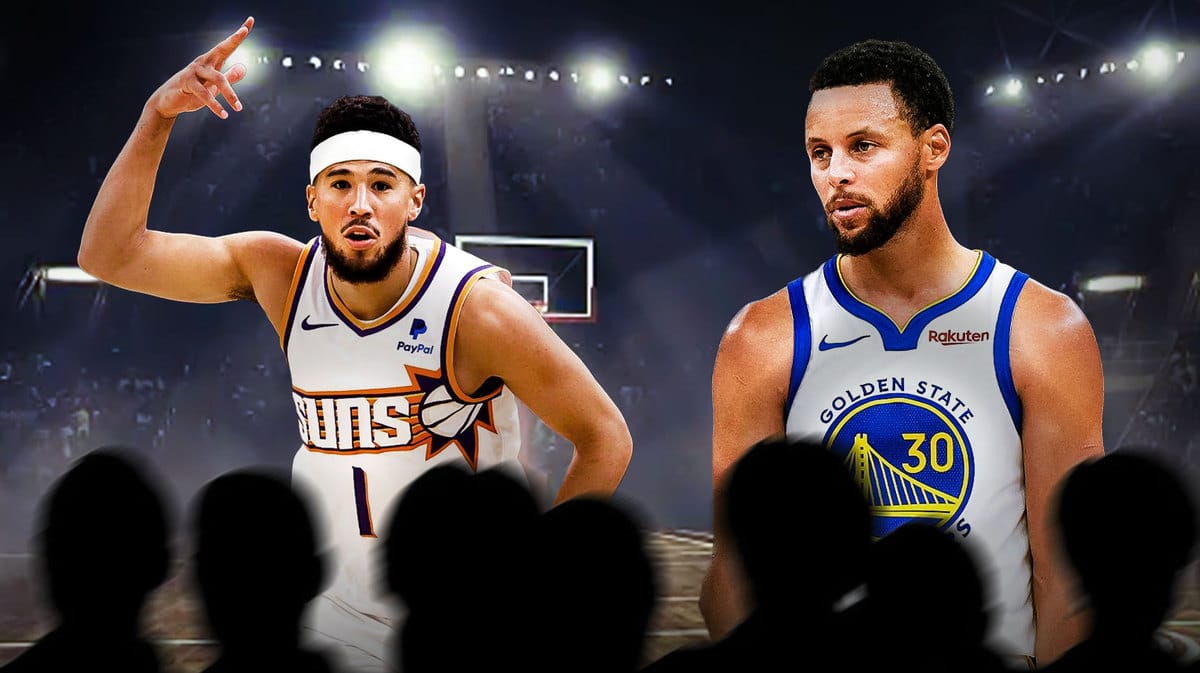 Suns' Devin Booker hyped up, with Warriors' Stephen Curry looking disappointed
