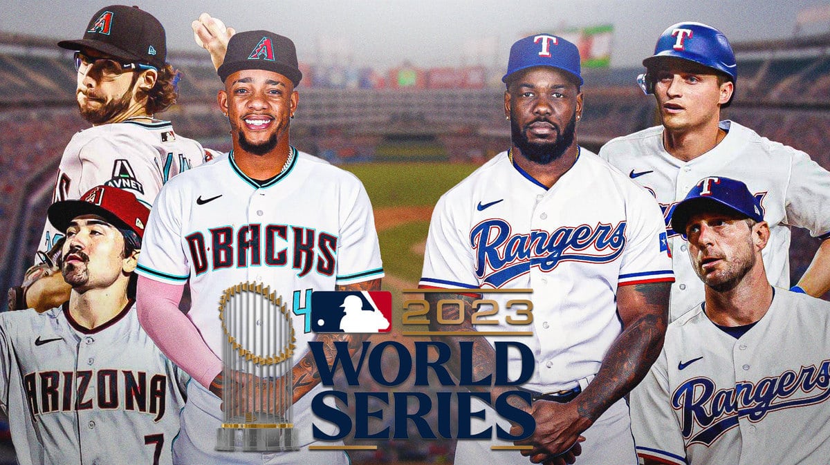 Ketel Marte in action with fire around him, Zac Gallen pitching, Corbin Carroll in action, Adolis Garcia, Max Scherzer, Corey Seager all in Rangers jerseys in background, 2023 World Series logo in corner