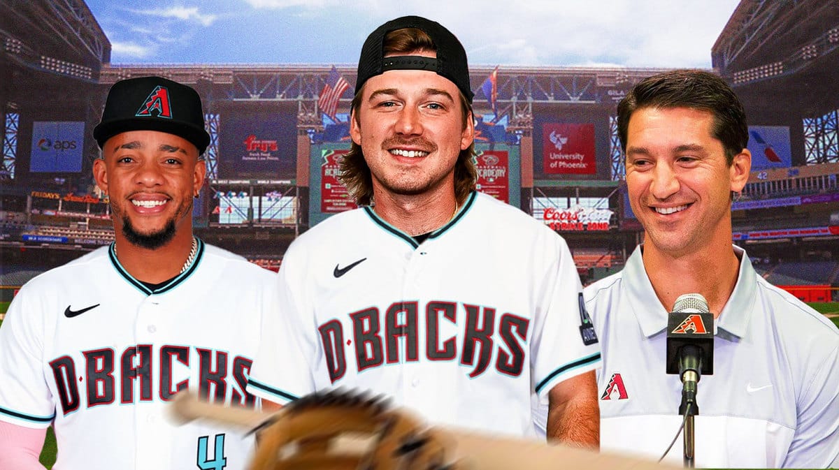 Morgan Wallen in a Diamondbacks jersey in front. Diamondbacks' Mike Hazen, Diamondbacks' Ketel Marte in background smiling. Chase Field background