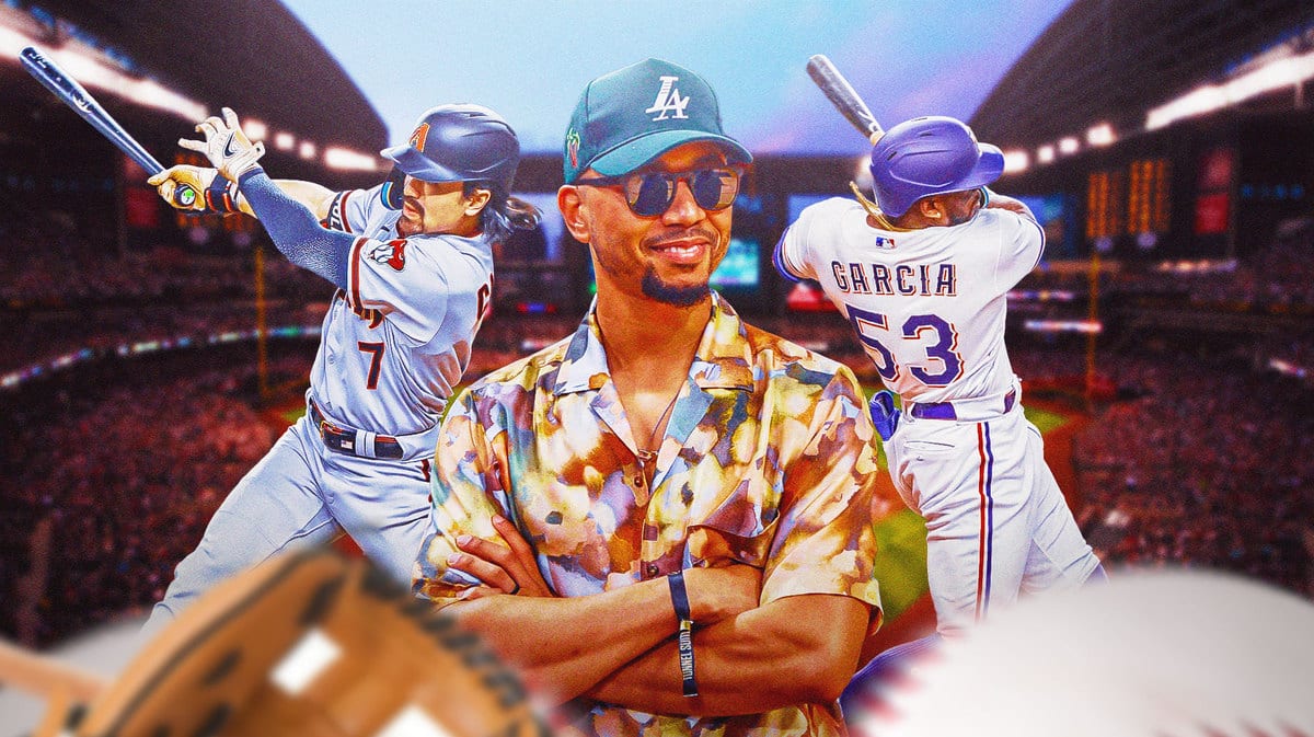 Mookie Betts in front wearing casual clothes. Diamondbacks' Corbin Carroll, Rangers' Adolis Garcia swinging bats in background.