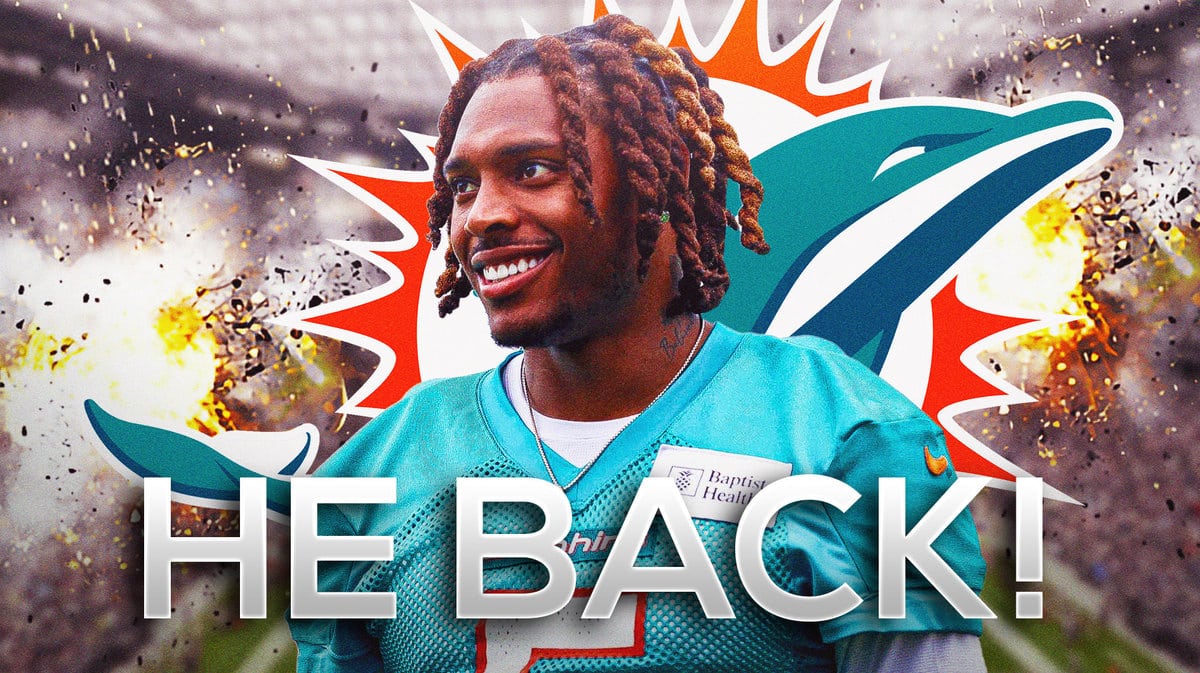 Jalen Ramsey in the middle shouting with explosions and the Miami Dolphins logo in the background.