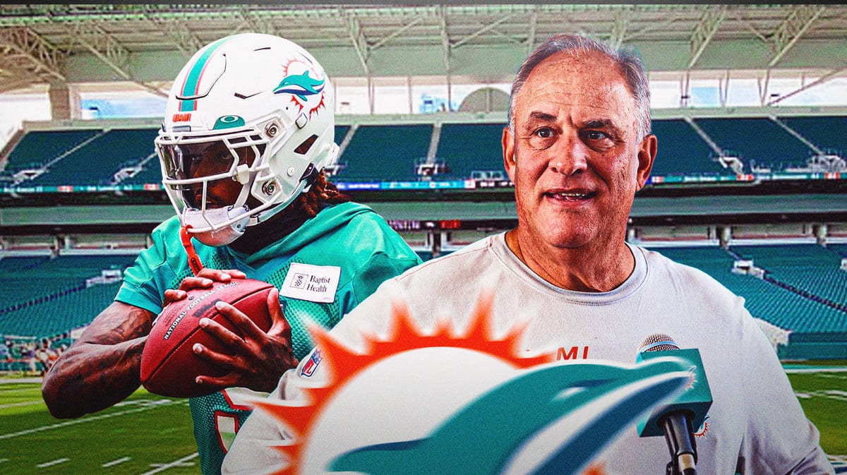 Miami Dolphins defensive coordinator Vic Fangio and Jalen Ramsey in front of Hard Rock Stadium.