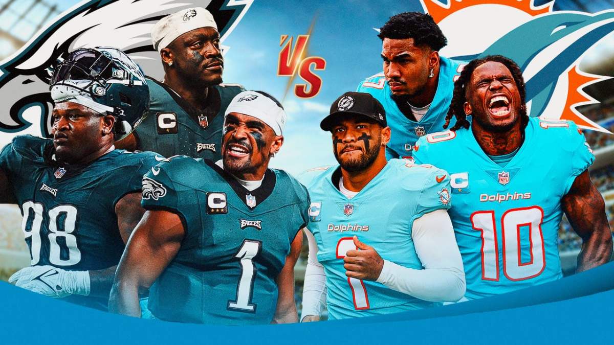 Jalen Carter, Jalen Hurts, AJ Brown, Eagles logo vs. Tua Tagovailoa, Tyreek Hill, Jaylen Waddle, Dolphins logo
