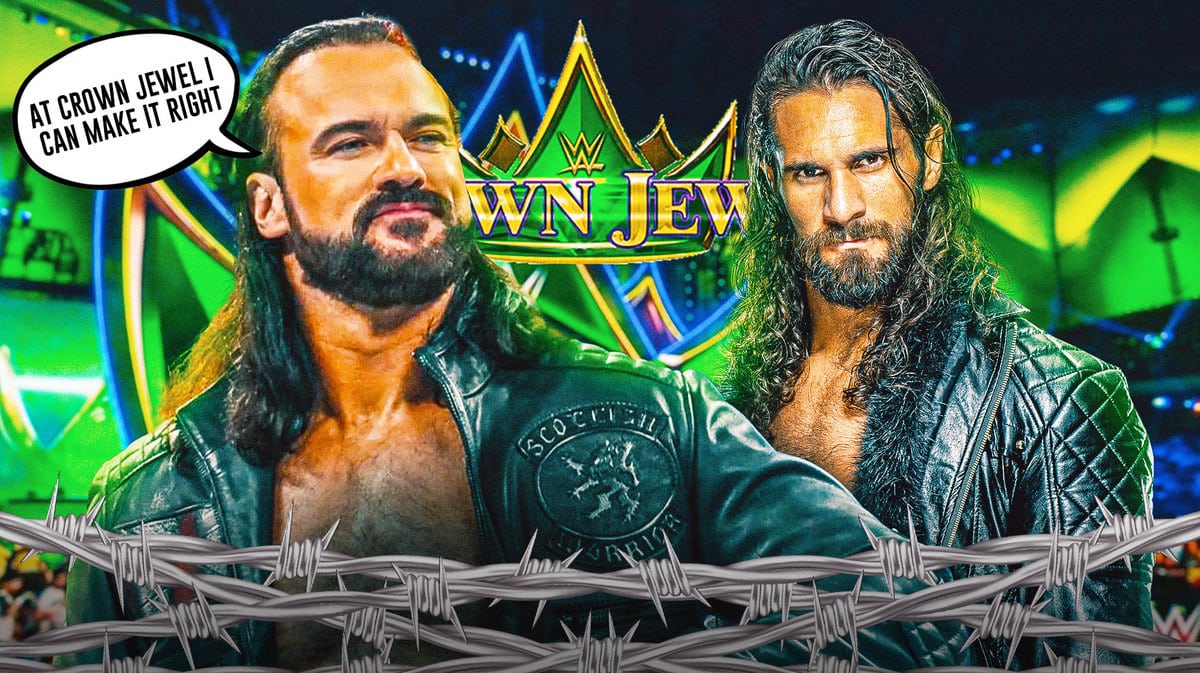 Drew McIntyre with a text bubble reading “At Crown Jewel I can make it right” next to Seth Rollins with the WWE Crown Jewel logo as the background.
