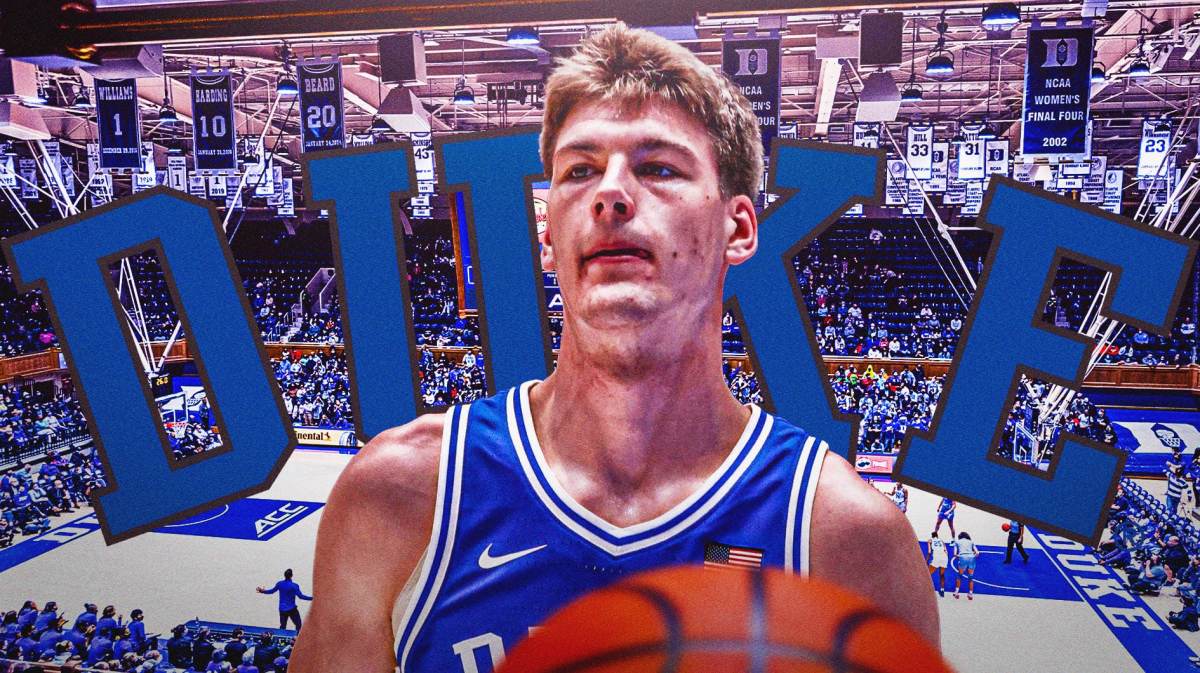Duke basketball, Kyle Filipowski, Blue Devils, ACC, College basketball, Kyle Filipowksi in Duke uni with Duke basketball arena in the background