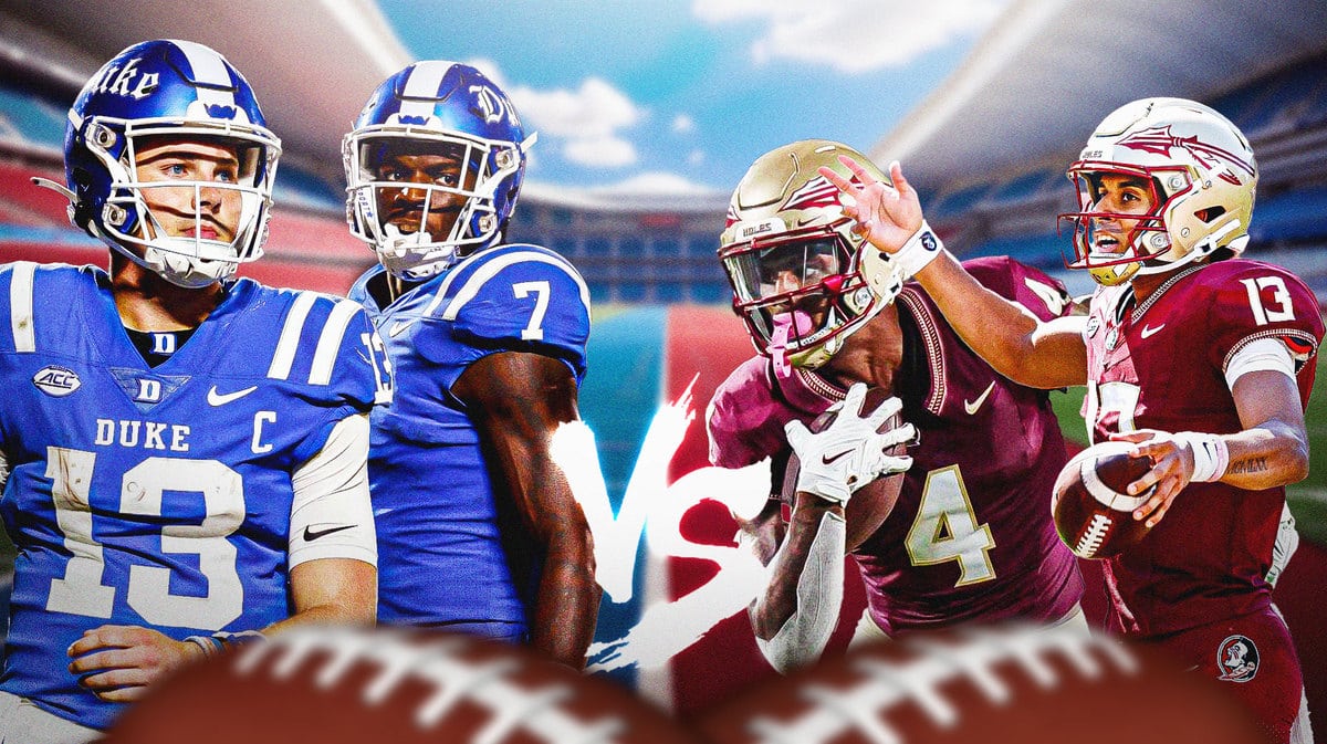 Duke football players Riley Leonard and Jordan Waters who take on Florida State with Jordan Travis and Keon Coleman in a big Week 8 college football showdown.