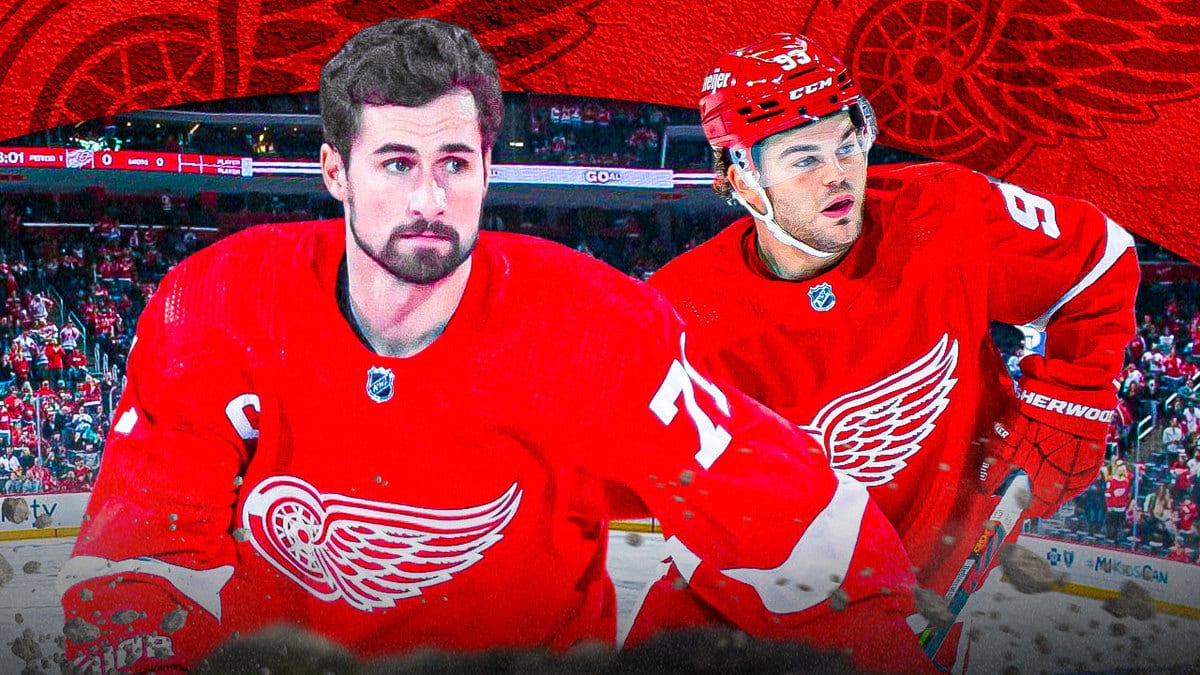 Detroit Red Wings star Dylan Larkin next to teammate Alex DeBrincat with Little Caesars Arena in the background.