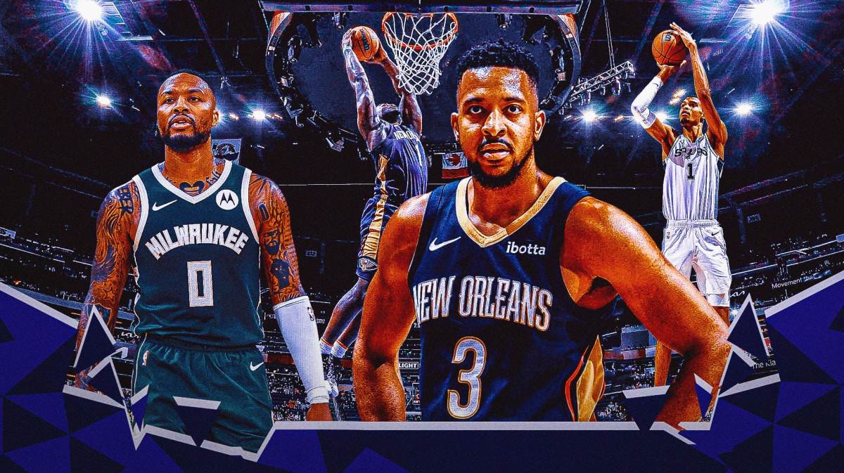 Pelicans' CJ McCollum in front. In background, need Bucks' Damian Lillard, Spurs' Victor Wembanyama shooting a basketball, Pelicans' Zion Williamson dunking a basketball.