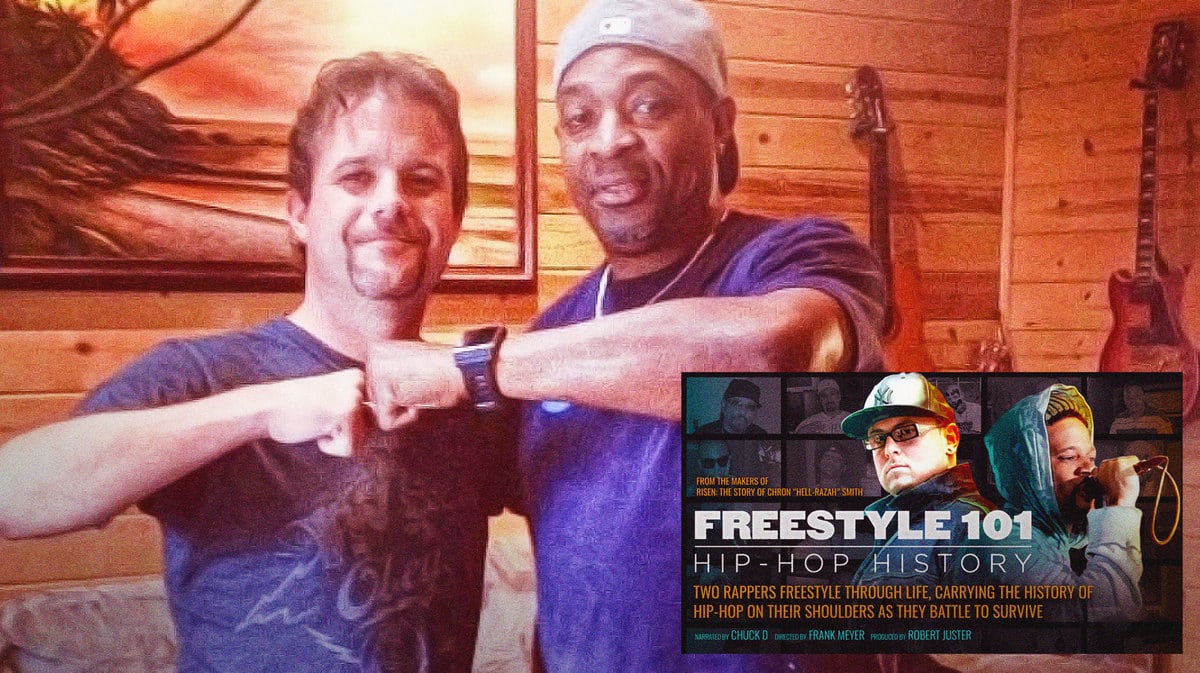 Frank Meyer and Chuck D from Public Enemy bumping fists, with movie poster for Freestyle 101: Hip Hop History in the foreground