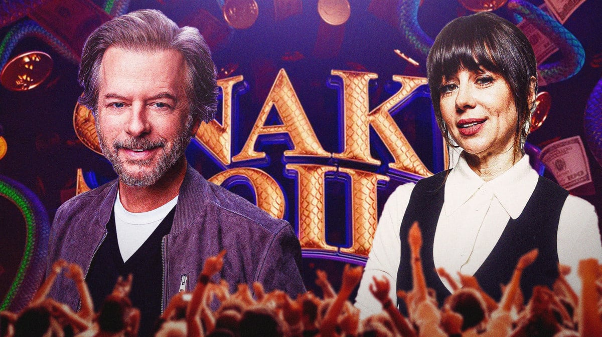 David Spade an Natasha Leggero in front of Snake Oil logo.