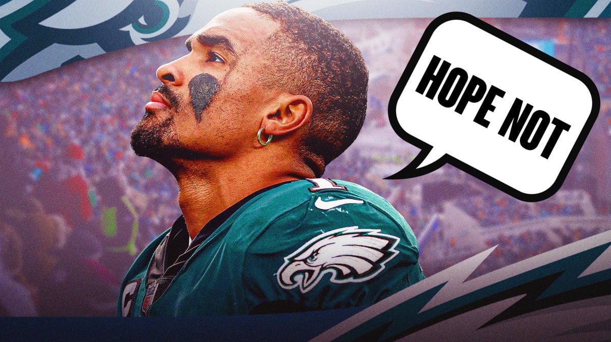 Philadelphia Eagles QB Jalen Hurts and a speech bubble “Hope Not”
