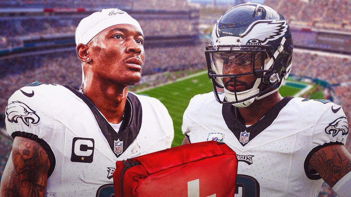 Darius Slay and DeVonta Smith with a first aid kit
