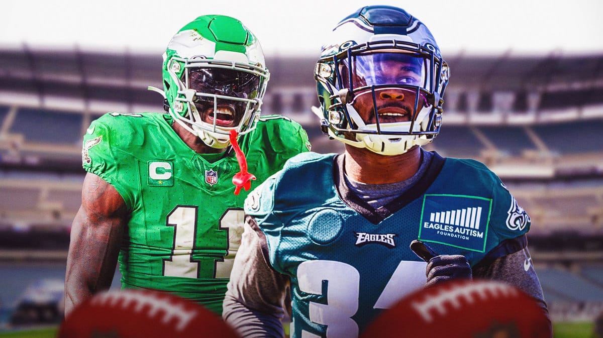 AJ Brown laughing with Kevin Byard next to him. Have Kevin Byard in an Eagles jersey wearing number 31.