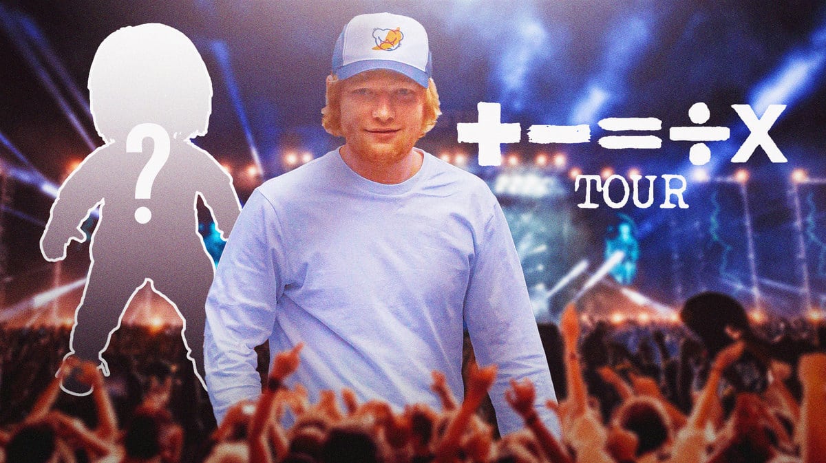 Chucky and Ed Sheeran next to Mathematics tour logo with concert background.