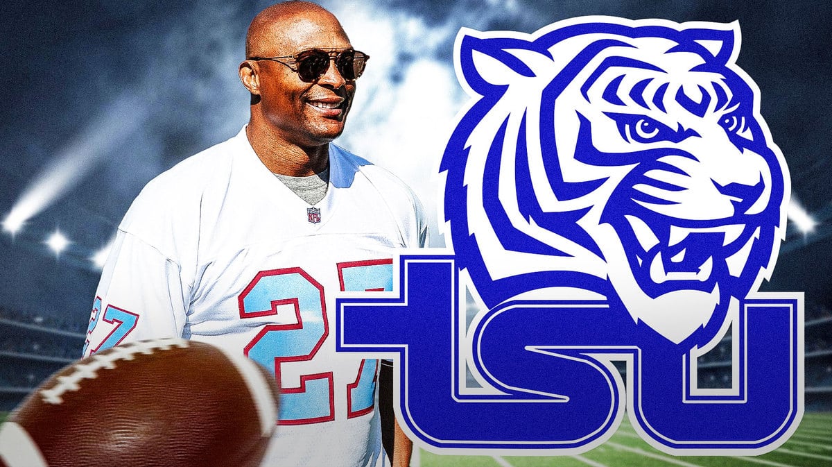 Eddie George, Tennessee State logo, football field in the background