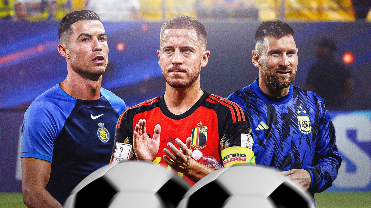 Eden Hazard, Lionel Messi and Cristiano Ronaldo on the soccer field together