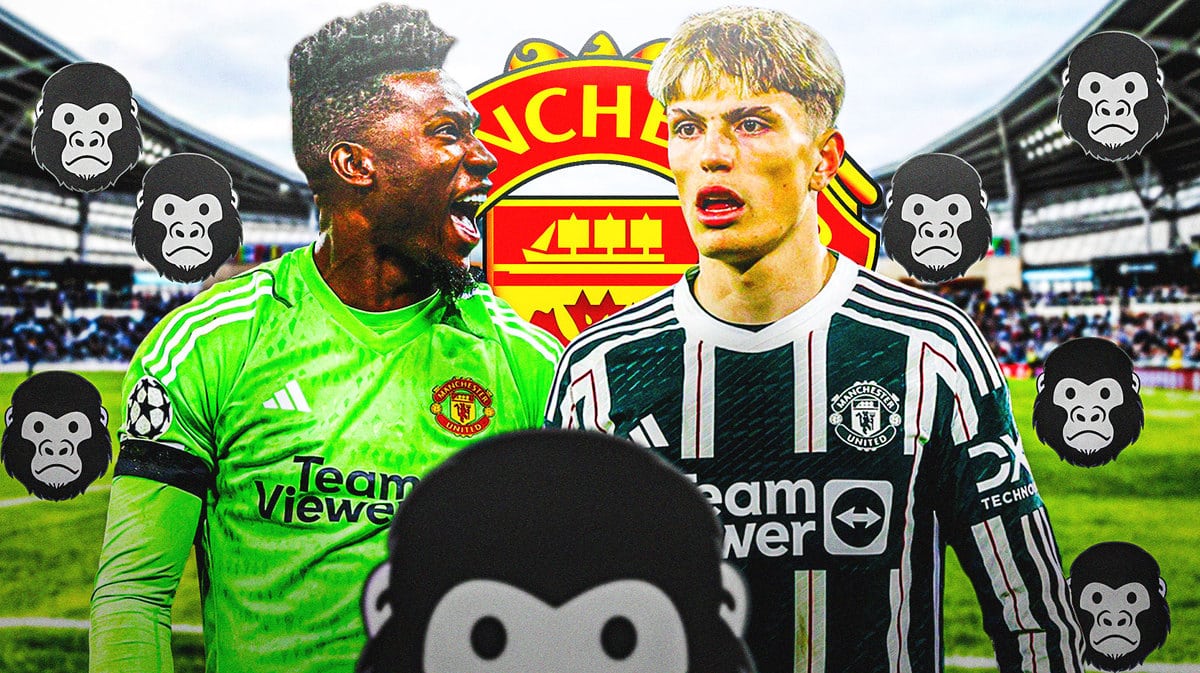 Andre Onana and Alejandro Garnacho in front of the Manchester United logo, with goriulla emojis in the air