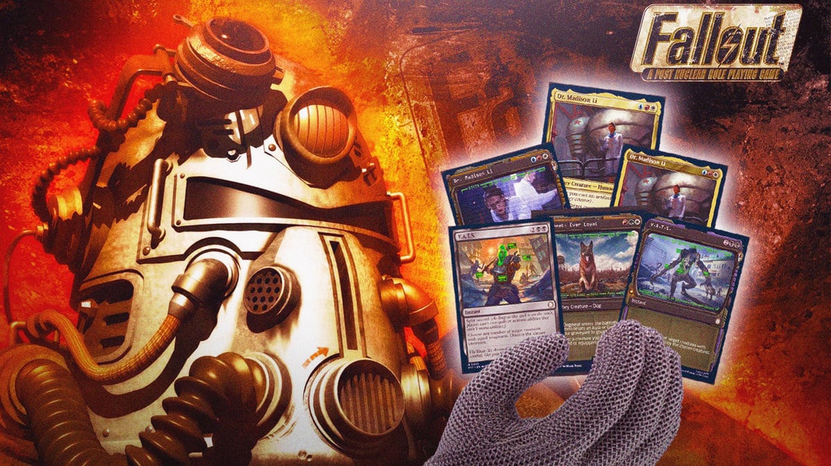 Fallout MTG Universes Beyond Cards held by a Brotherhood of Steel Player