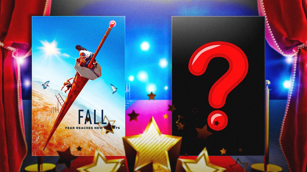 Fall movie poster next to mystery poster in front of red carpet.