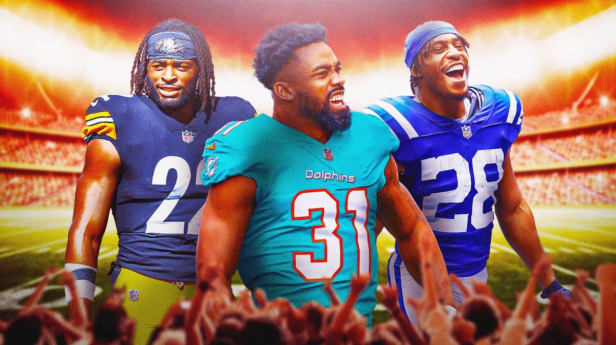 Raheem Mostert, Jonathan Taylor, and Najee Harris in front of a football stadium. Fantasy Football.