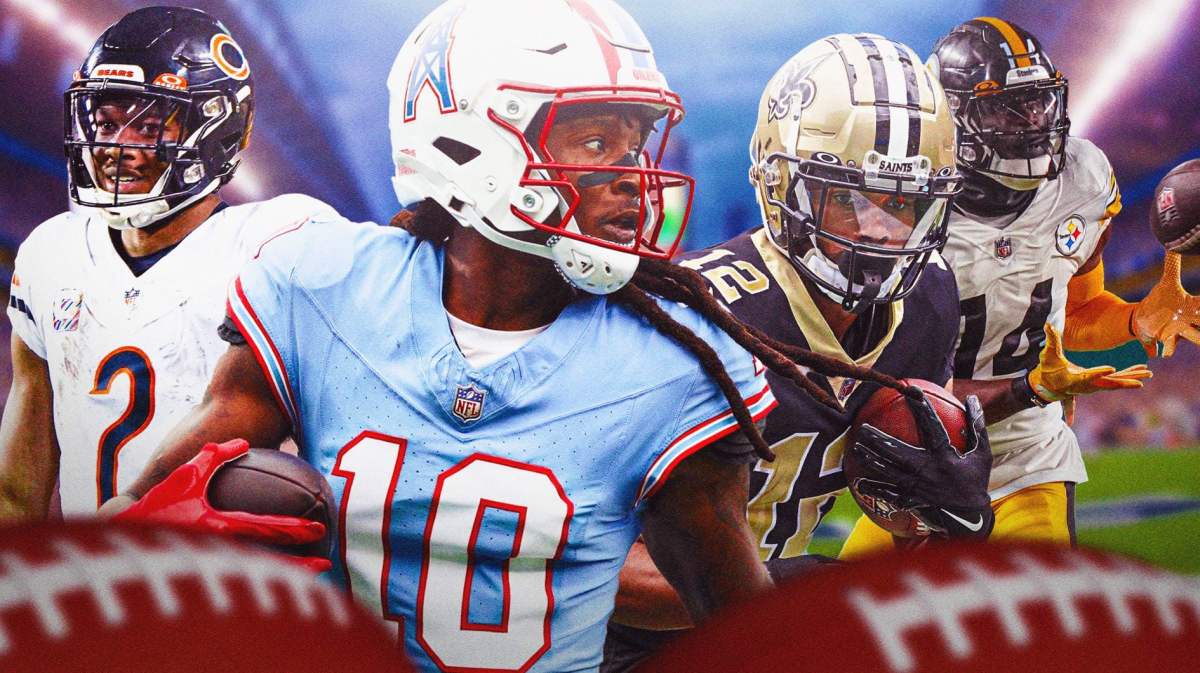 DeAndre Hopkins in Titans jersey, Chris Olave in Saints jersey, George Pickens in Steelers jersey, DJ Moore in Bears jersey, all in action