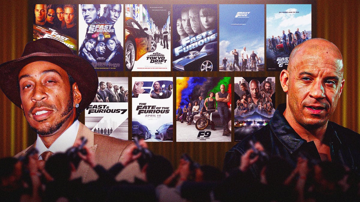 Tyrese Darnell Gibson and Vin Diesel in front of all the Fast & Furious movie posters.